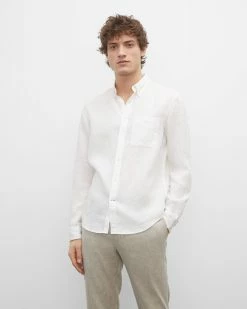 Hot Sale โ Club Monaco Men Slim Solid Linen ๐ Shirt White ๐