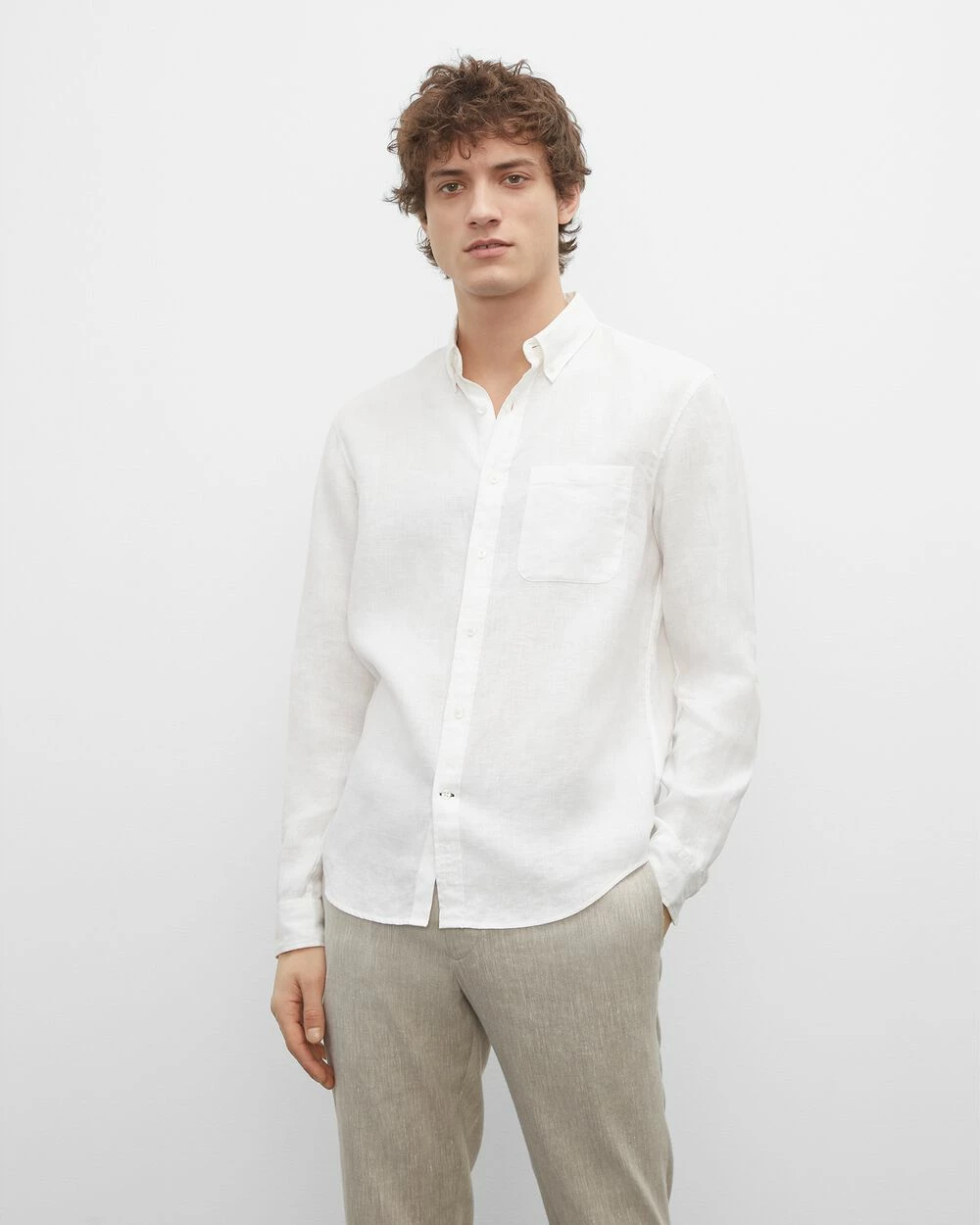 Hot Sale โ Club Monaco Men Slim Solid Linen ๐ Shirt White ๐