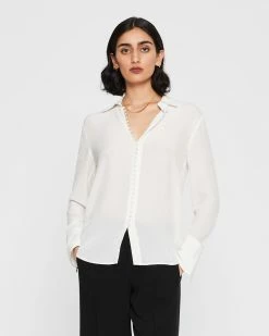 Best Pirce ✨ Club Monaco 👩 Women Helek Silk 👕 Shirt Blanc De Blanc ✨