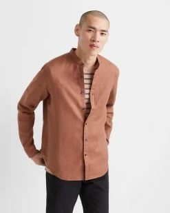 Cheapest ✨ Club Monaco Men Band Collar Linen 👚 Shirt Mauve 😉