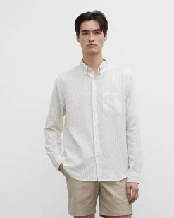 Budget 👏 Club Monaco Men Slim Striped Linen 👕 Shirt Bone / Khaki 🔥
