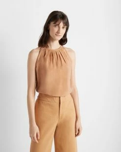 Cheapest 😍 Club Monaco 👩 Women Sleeveless Pleat Neck Top Sandstone ⭐
