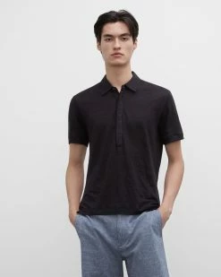Outlet ❤️ Club Monaco Men Short Sleeve Linen Popover Black 🔥
