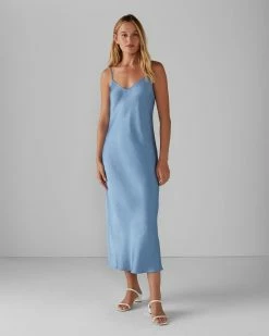 Flash Sale ❤️ Club Monaco 👩 Women Shiny Slip 👗 Dress English Blue 🧨