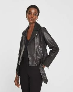 Cheap ✔️ Club Monaco 👩 Women Classic Leather Moto Jacket Black 🎉