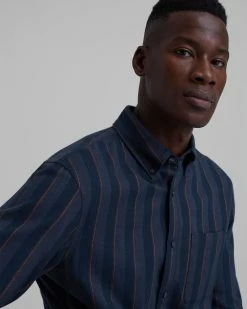 Buy 🌟 Club Monaco Men Multi Stripe Flannel 👕 Shirt Navy Multi 🛒