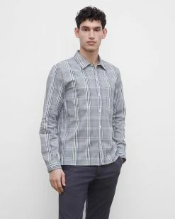 Best Sale 🧨 Club Monaco Men Long Sleeve Plaid Standard 👚 Shirt Grey Plaid 🥰