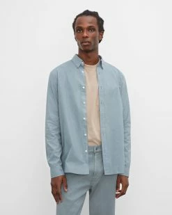 Cheapest 🧨 Club Monaco Men Long Sleeve Tea Dyed Poplin 👚 Shirt Navy 👏