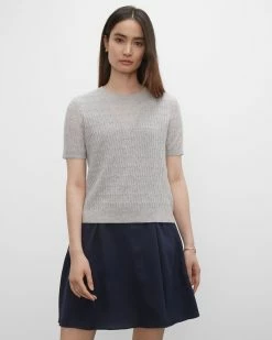 New ๐ Club Monaco ๐ฉ Women Cashmere Rib Short Sleeve Tee Light Heather Grey ๐