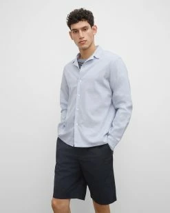 Flash Sale ⌛ Club Monaco Men Camp Collar Linen Blend 👚 Shirt Light Blue 😀