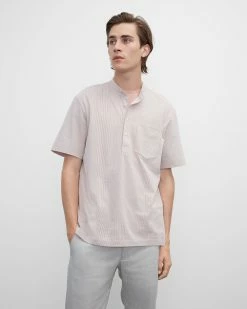 Outlet 🛒 Club Monaco Men Short Sleeve Stripe Popover 👚 Shirt White Stri 😍