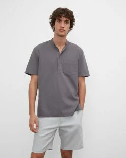 Coupon 🔥 Club Monaco Men Short Sleeve Knit Popover 👕 Shirt Grey 🛒