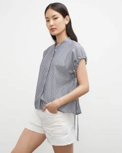 Cheap ✨ Club Monaco 👩 Women Striped Cinched Sleeve 👚 Shirt Blue Stripe ⭐