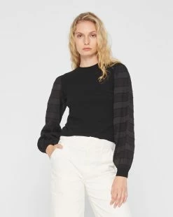 Hot Sale π Club Monaco π© Women Woven Sleeve Crewneck Top Black π