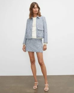 Cheapest 👏 Club Monaco 👩 Women Textured Zip Front Jacket Blue 🤩