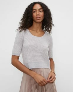 Flash Sale 🛒 Club Monaco 👩 Women Waffle Knit Scoop Neck Top Light Heather Grey 😀