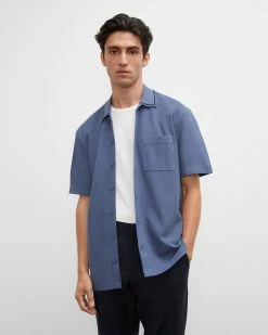 Best Sale ✨ Club Monaco Men Piqué Full Button Polo Teal Blue 🥰