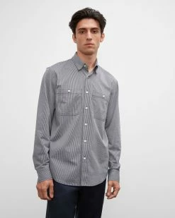 Cheapest 👍 Club Monaco Men Striped Knit Utility 👕 Shirt Blue Multi 🎁