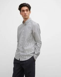 Cheapest 🤩 Club Monaco Men Long Sleeve Textured Stripe Button-Down Blue Stripe 🎉