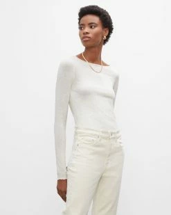 Hot Sale ⭐ Club Monaco 👩 Women Signature Slub Rib Long-Sleeve 👚 Shirt Cream Heather 👍