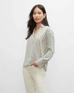 Best deal 💯 Club Monaco 👩 Women Signature Striped Silk 👕 Shirt White Printed Multi 🥰