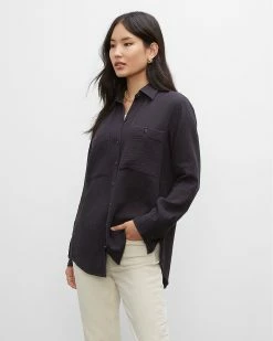 Budget 🎉 Club Monaco 👩 Women Signature Double Gauze Cotton 👕 Shirt Black 🎁