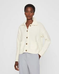 Buy ✨ Club Monaco 👩 Women Boiled Cashmere Collar Cardigan Ivory 😀