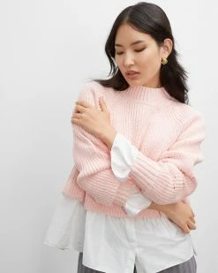 Deals 🥰 Club Monaco 👩 Women Ribbed A-Line Mock Neck Sweater Pink Multi 🛒