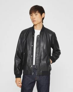 Best deal ✔️ Club Monaco Men Leather Bomber Jacket Black ❤️