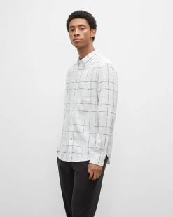 Flash Sale ๐ Club Monaco Men Long Sleeve Textured Windowpane ๐ Shirt White Multi โญ
