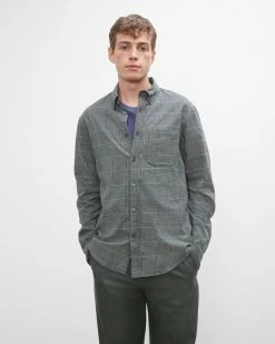 Outlet ๐ Club Monaco Men Long Sleeve Houndstooth Flannel ๐ Shirt Black Multi ๐