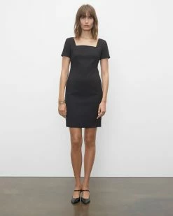 Best Sale 🛒 Club Monaco 👩 Women Fitted Square Neck 👗 Dress Black 🤩
