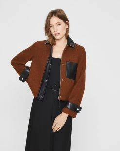 Best Pirce ๐งจ Club Monaco ๐ฉ Women Cropped Wool & Leather Combo Jacket Caviar ๐