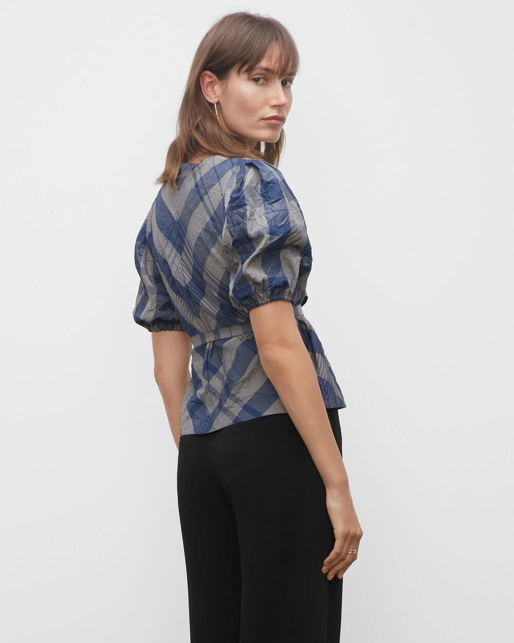 Best Pirce ⭐ Club Monaco 👩 Women Plaid Seamed Puff Sleeve Top Blue Mu ⌛ - Image 2