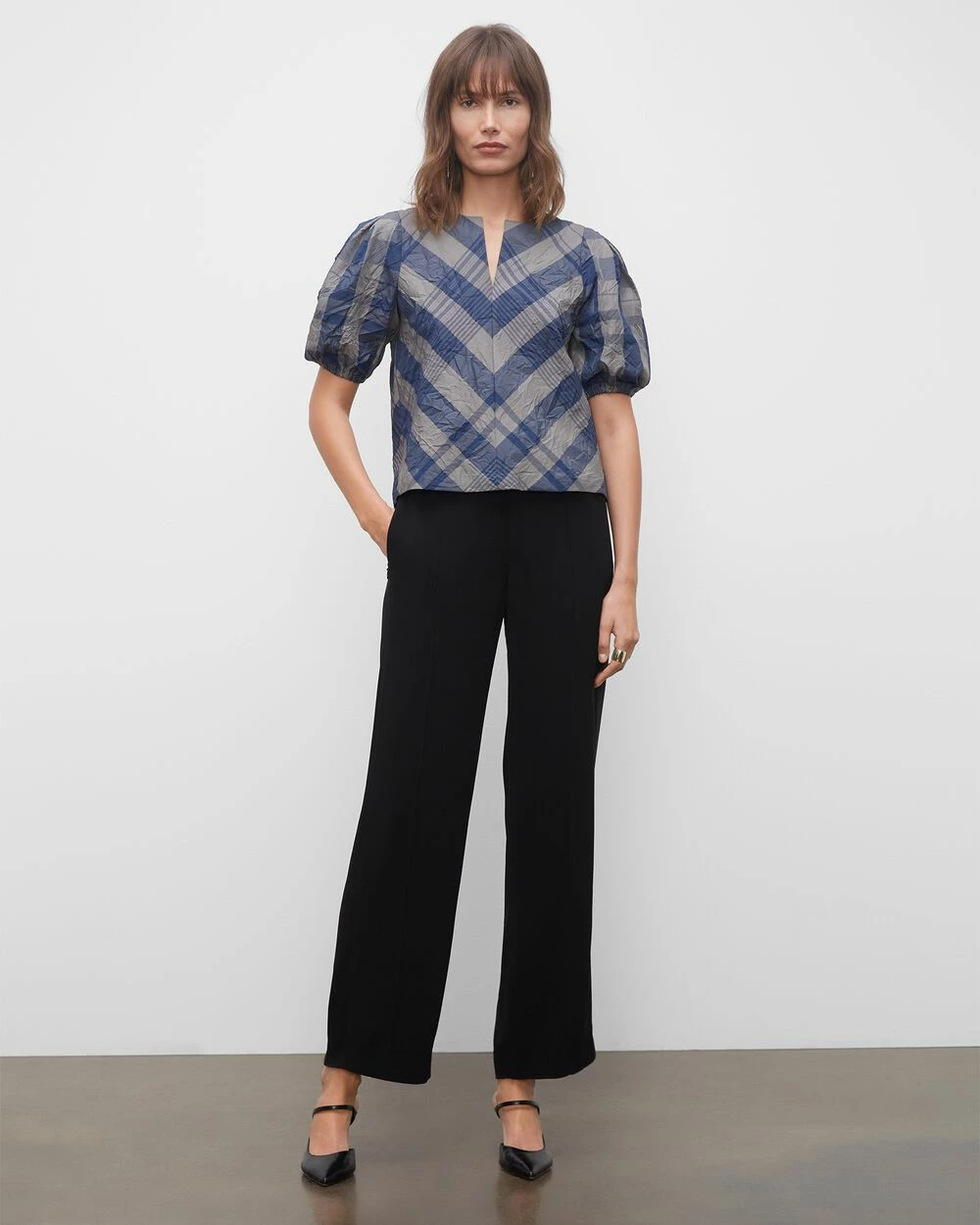 Best Pirce ⭐ Club Monaco 👩 Women Plaid Seamed Puff Sleeve Top Blue Mu ⌛ - Image 3
