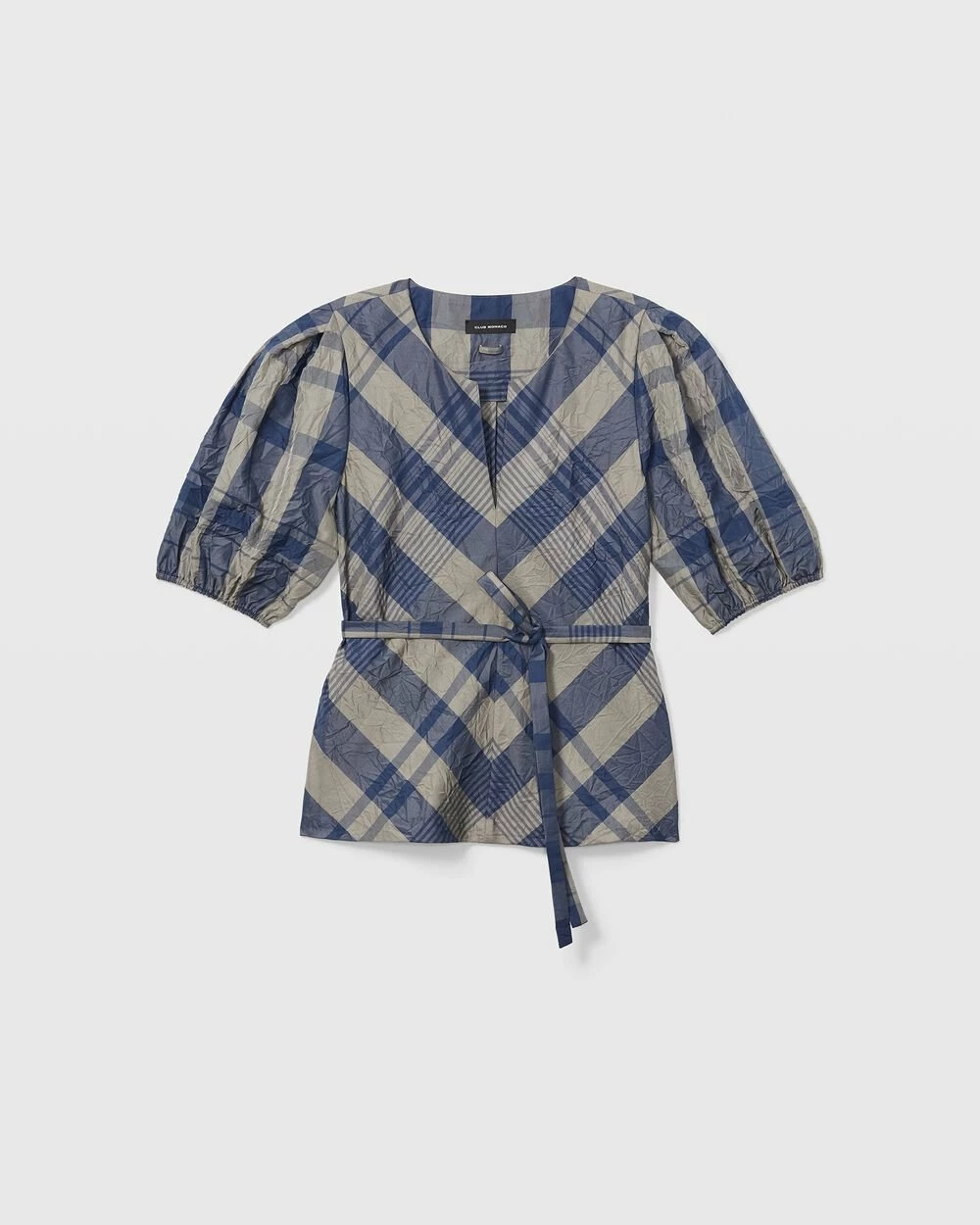 Best Pirce ⭐ Club Monaco 👩 Women Plaid Seamed Puff Sleeve Top Blue Mu ⌛ - Image 5