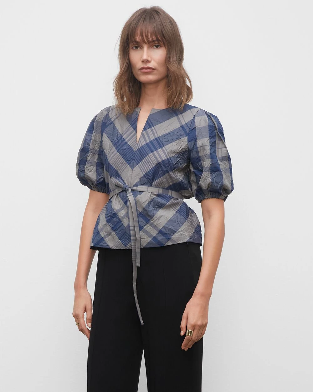 Best Pirce ⭐ Club Monaco 👩 Women Plaid Seamed Puff Sleeve Top Blue Mu ⌛