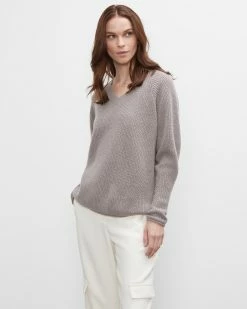 Best Pirce 👏 Club Monaco 👩 Women Cashmere V-Neck Sweater Grey Brown 🎁