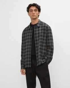 Best Sale 🛒 Club Monaco Men Long Sleeve Plaid Flannel Workshirt Grey Multi Check 🎉