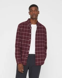 Cheapest 🔥 Club Monaco Men Long Sleeve Windowpane Flannel 👚 Shirt Burgundy ❤️