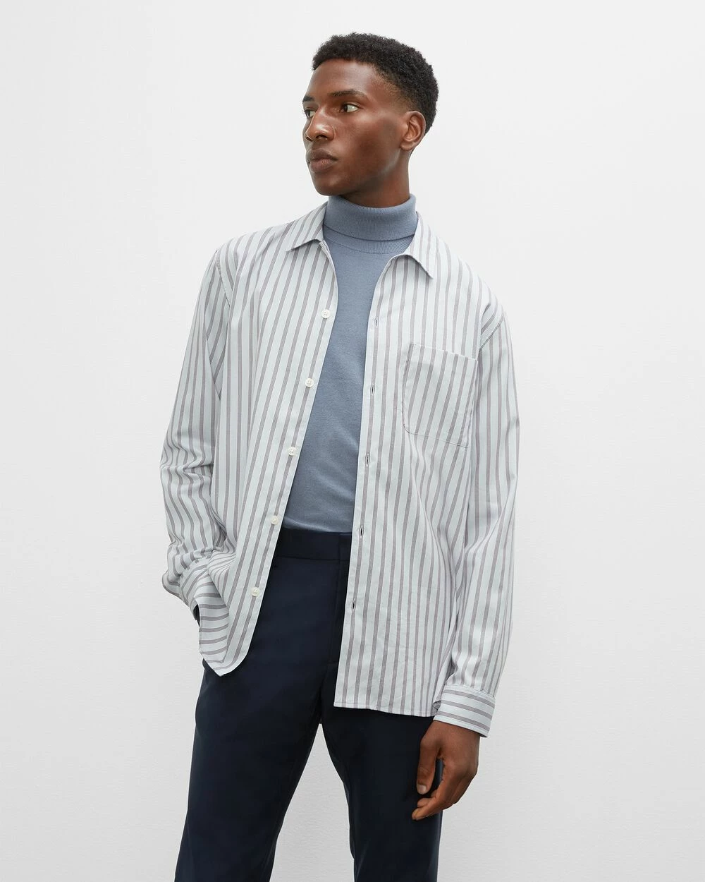 Best Pirce โ๏ธ Club Monaco Men Long Sleeve Striped Standard ๐ Shirt Grey Stripe โค๏ธ - Image 3