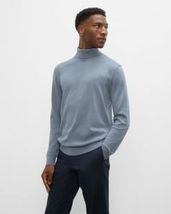 Discount 👍 Club Monaco Men Merino Wool Turtleneck Grey Blue ⭐