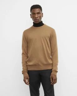Cheap 😀 Club Monaco Men Merino Wool Crewneck Sweater Dark Camel 👍