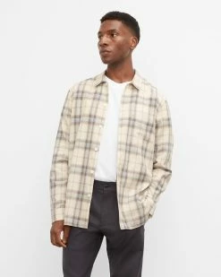 Flash Sale 👏 Club Monaco Men Long Sleeve Plaid Standard 👚 Shirt Tan Multi 😍