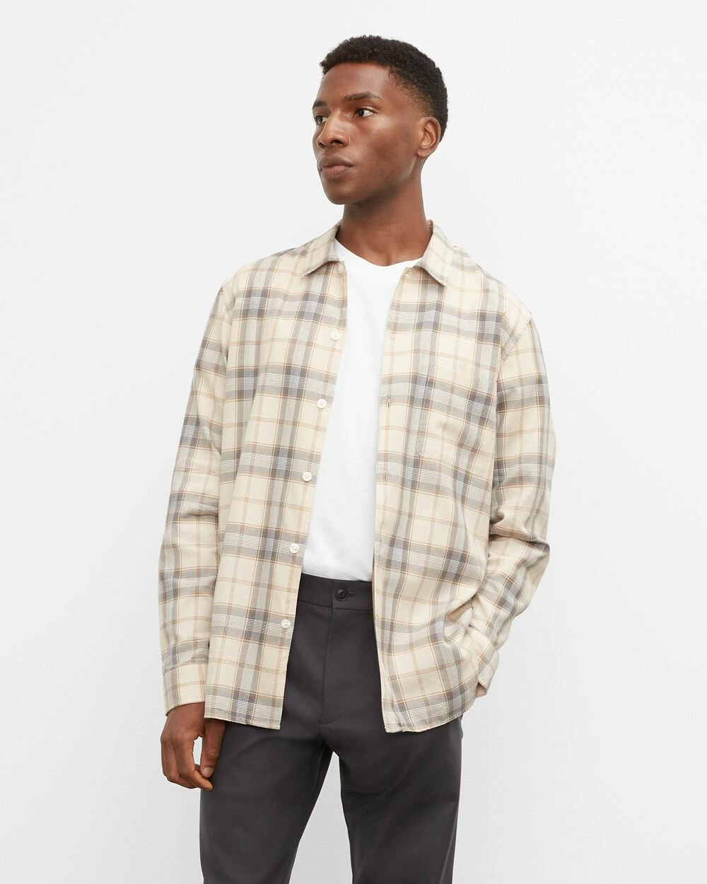 Flash Sale 👏 Club Monaco Men Long Sleeve Plaid Standard 👚 Shirt Tan Multi 😍