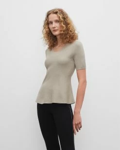 Budget 🛒 Club Monaco 👩 Women Short Sleeve Peplum Sweater Sage 🎁