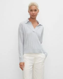 Cheap 🔔 Club Monaco 👩 Women Rib Cashmere Polo Sweater Soft Blue 🎉