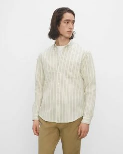 Coupon ⌛ Club Monaco Men Long Sleeve Waffle Striped 👕 Shirt Alfalfa 😀