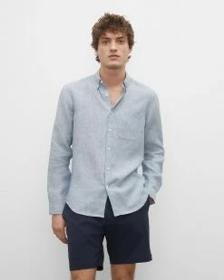 Outlet ๐งจ Club Monaco Men Slim Cross Dyed Linen ๐ Shirt Light Blue ๐