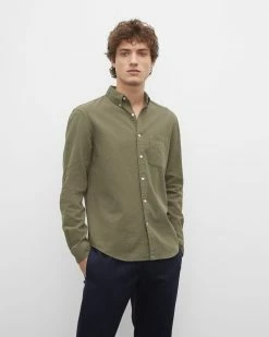 Deals 🤩 Club Monaco Men Slim Seersucker Linen-Cotton 👕 Shirt Olive 🔥